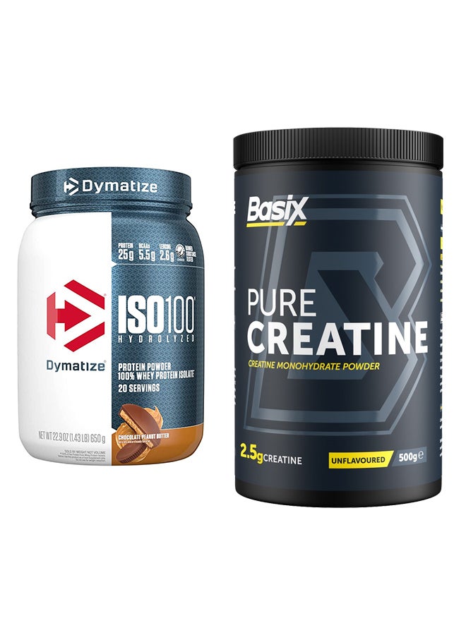 Dymatize Exclusive Bunde Offer - ISO 100 20 Serving Chocolate Peanut Butter 1.43lb and Basix Pure Creatine Unflavored 500 Gm - Image 1